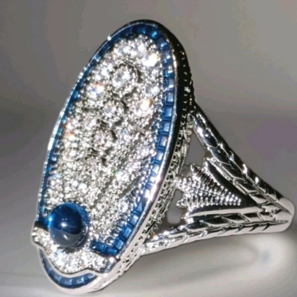 Art Deco Style Lab Created diamond Sapphire Wedding 14k White Gold Plated Sz 10